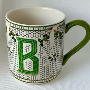 Anthropologie Green and White Monogram Mug